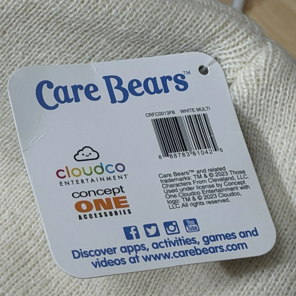 Care Bears Beanie Hat NWT White Rainbow Stripe Cheer Grumpy Funshine Bear Kawaii